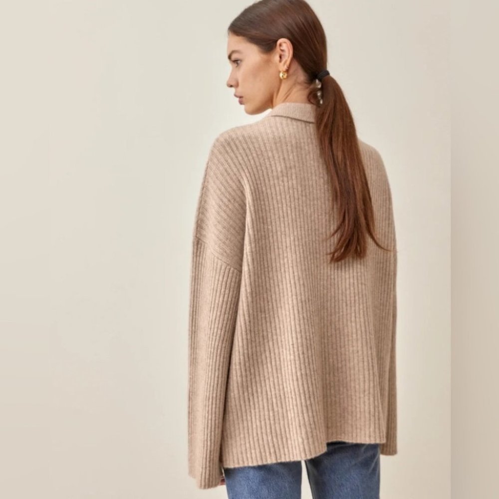 Reformation Fantino Cashmere Collared Cardigan in Oatmeal Beige - size S - Picture 3 of 9